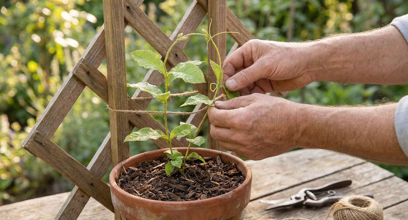 Muda de Flor de São Miguel sendo conduzida em suporte