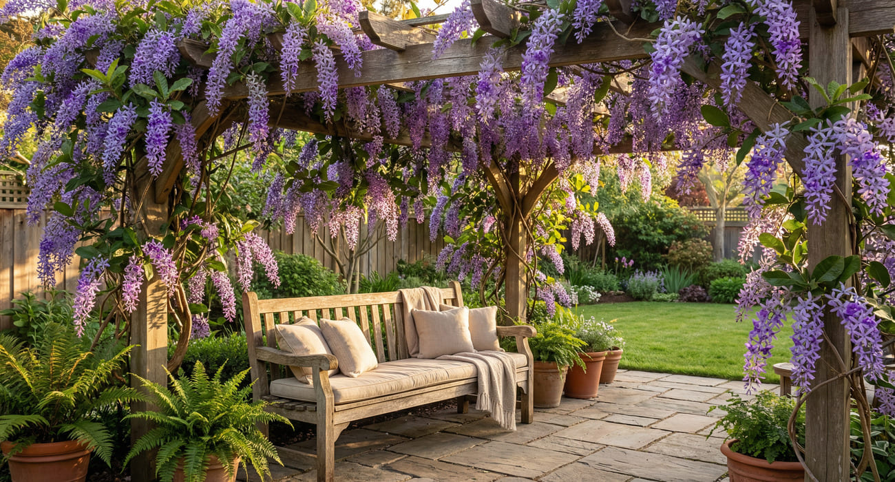 Flor de São Miguel decorando área externa com pergolado