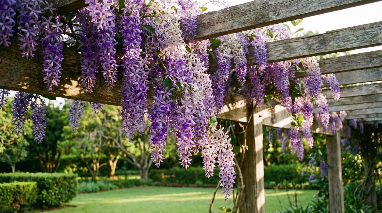 Flor de São Miguel em cascata roxa cobrindo pergolado
