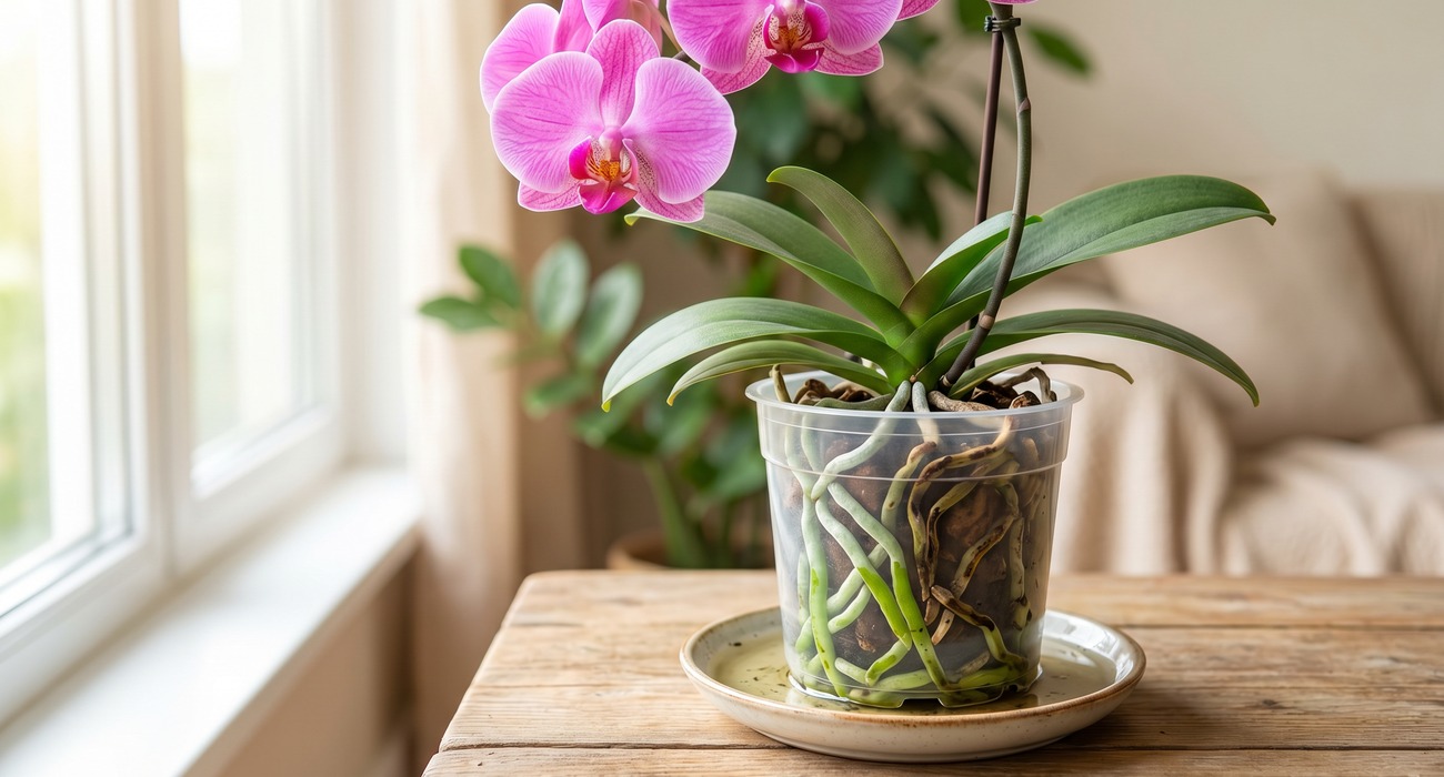 Orquídea Phalaenopsis rosa em vaso transparente com raízes saudáveis e raízes apodrecidas próximas a um pratinho com água acumulada