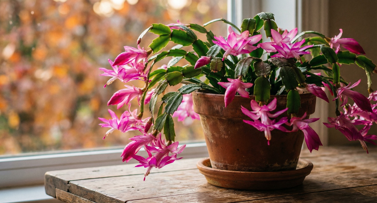 Flor-de-Maio em plena floração com flores rosas em vaso de terracota próximo à janela no outono