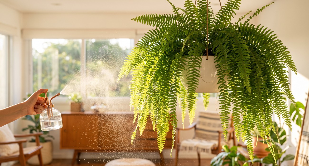 Samambaia americana volumosa e verde com borrifador de água