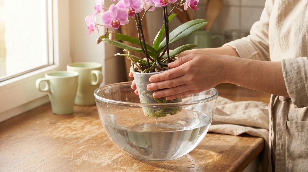 Mãos colocando vaso transparente de orquídea rosa Phalaenopsis em bacia de vidro com água para rega por imersão