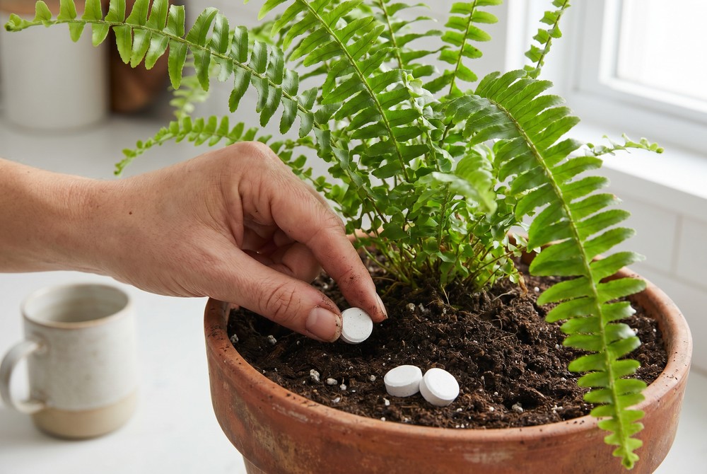 Pastilhas de fertilizante sendo aplicadas na terra de uma samambaia americana