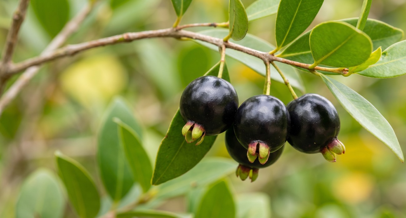 Macro de cluster de frutos de grumixama maduros pendurados em galho com folhas verdes brilhantes.
