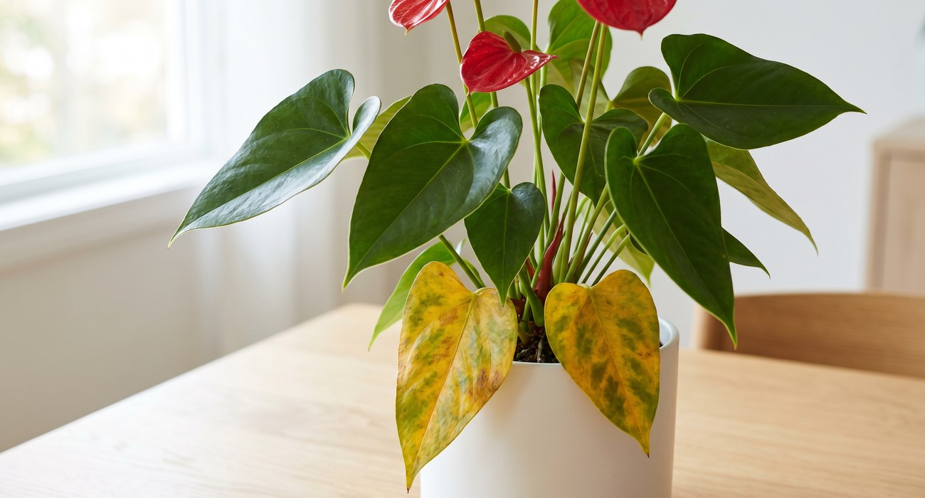Antúrio amarelando com flores vermelhas em vaso branco sobre mesa de madeira, mostrando sinal de excesso de rega