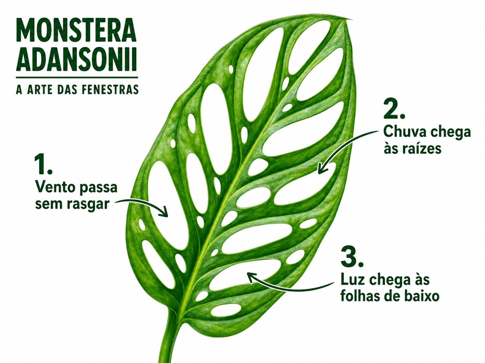 Infográfico ilustrando as 3 funções das fenestras da Monstera Adansonii: vento, chuva e luz