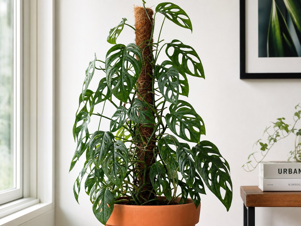 Monstera Adansonii crescendo verticalmente em tutor de fibra de coco com folhas grandes e fenestradas