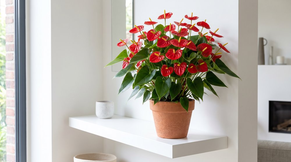Antúrio Mini Million Flowers Vermelho em plena floração com várias flores vermelhas em vaso de terracota
