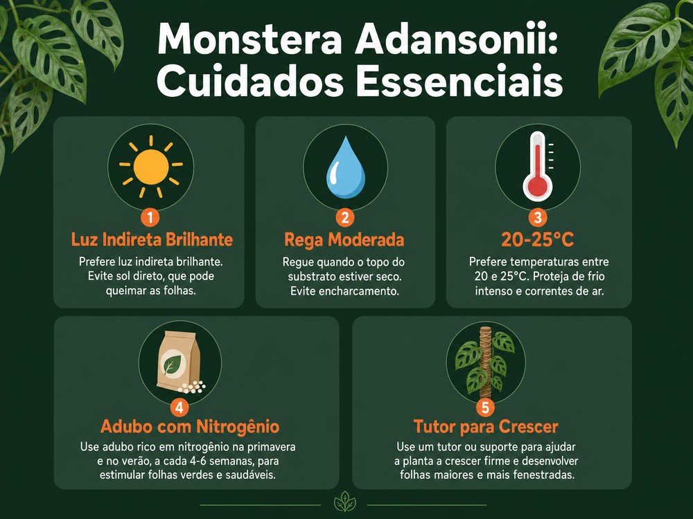 Infográfico com os 5 cuidados essenciais para a Monstera Adansonii: luz, rega, temperatura, adubação e tutor