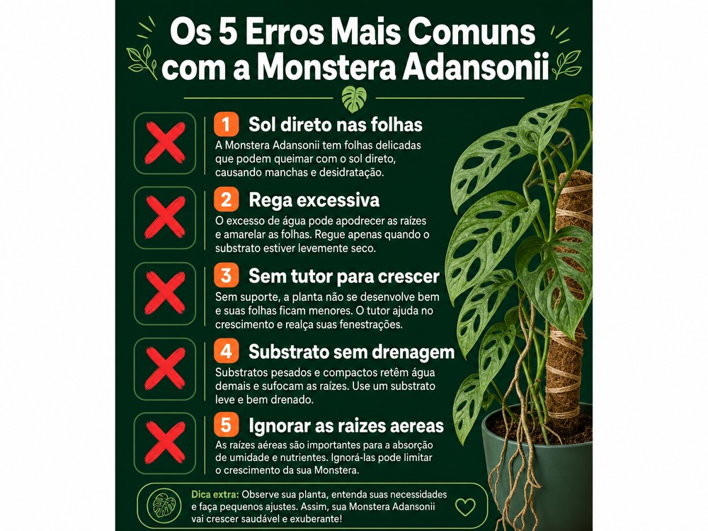 Infográfico com os 5 erros mais comuns no cultivo da Monstera Adansonii