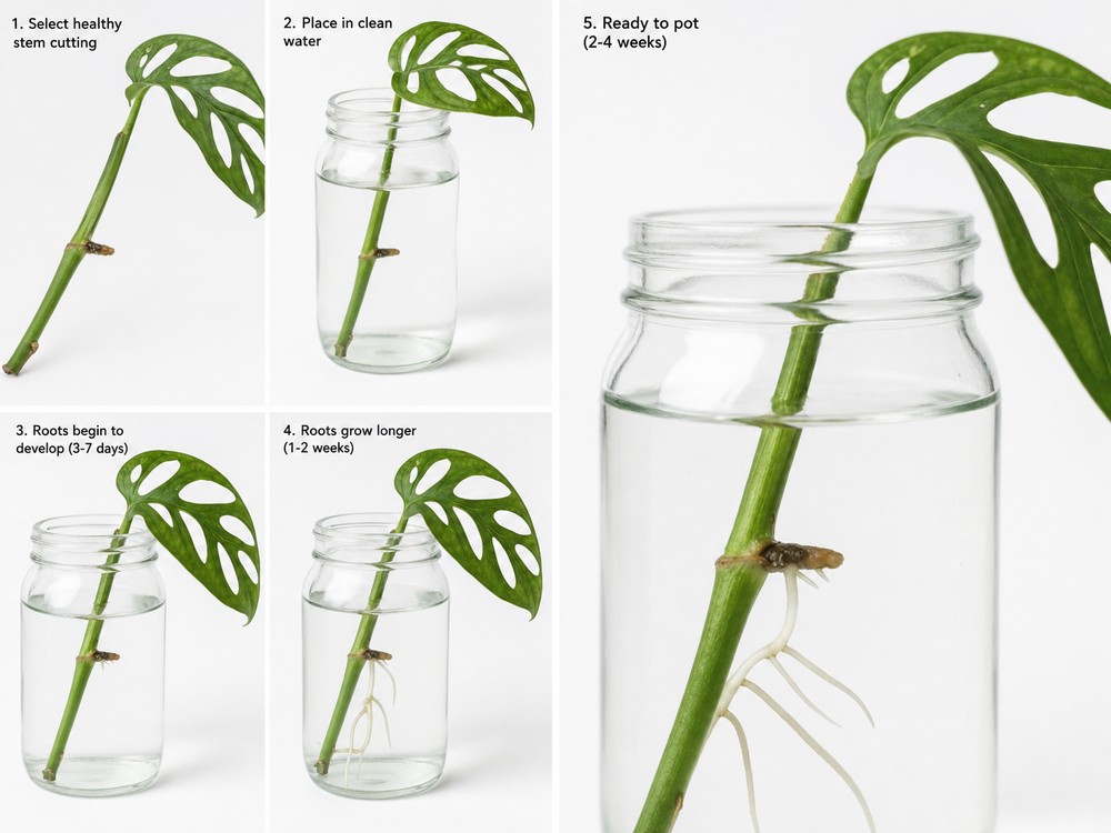 Passo a passo da propagação da Monstera Adansonii por estaquia em água com raízes visíveis 